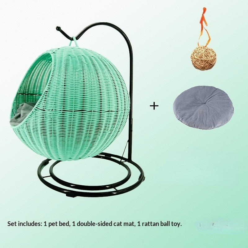 Removable & Washable Hanging Basket Hammock Style Pet Bed in turquoise with gray mat and rattan ball toy included.