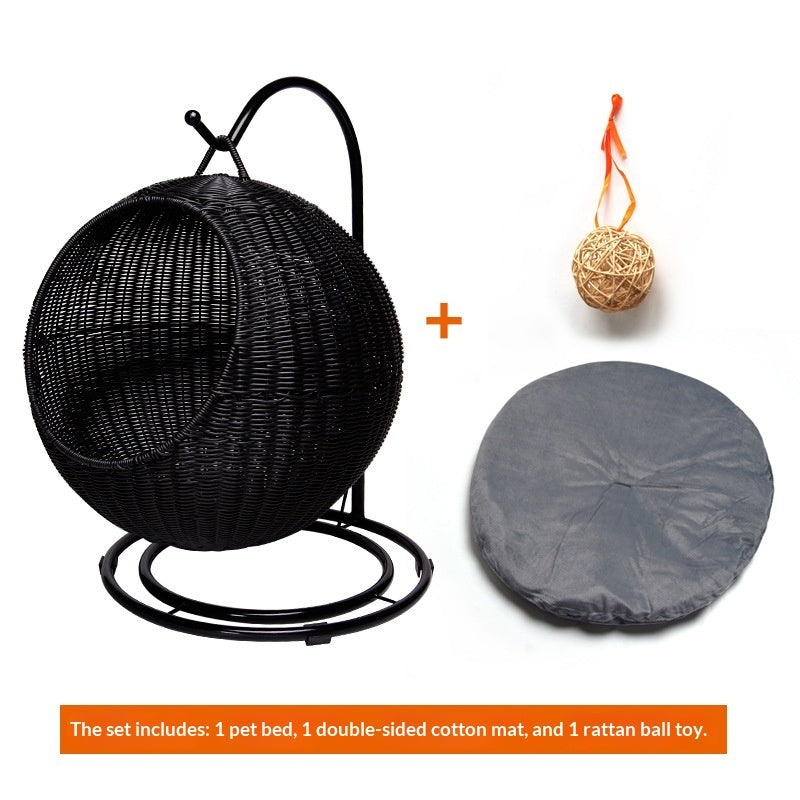 Removable & Washable Hanging Basket Hammock Style Pet Bed with black basket, gray cushion, and rattan ball toy.