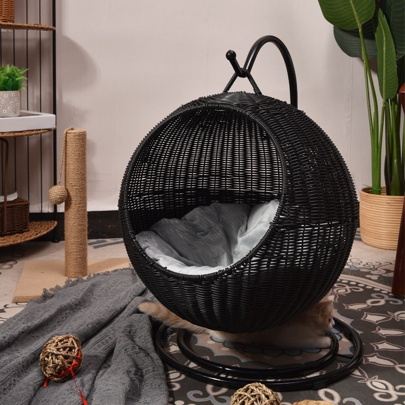 Removable & Washable Hanging Basket Hammock Style Pet Bed in black with soft cushion inside, perfect for pets.