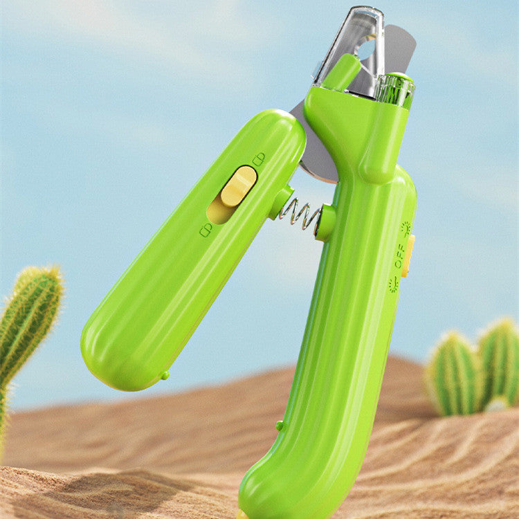 Cactus-Shaped Multi-Function Pet Nail Clipper in vibrant green color with ergonomic design and integrated lights.