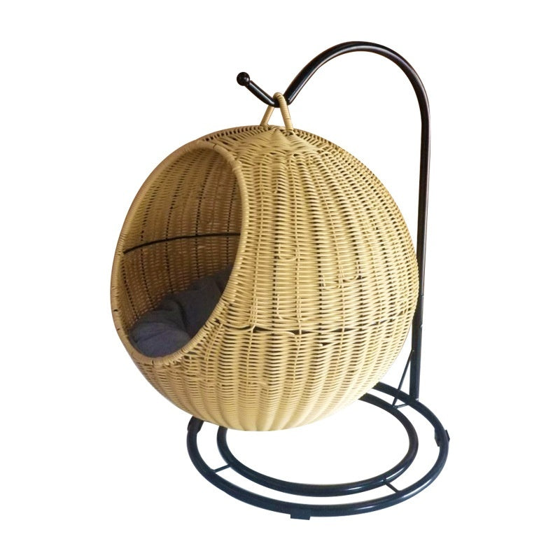 Removable & Washable Hanging Basket Hammock Style Pet Bed in natural rattan with black metal frame.