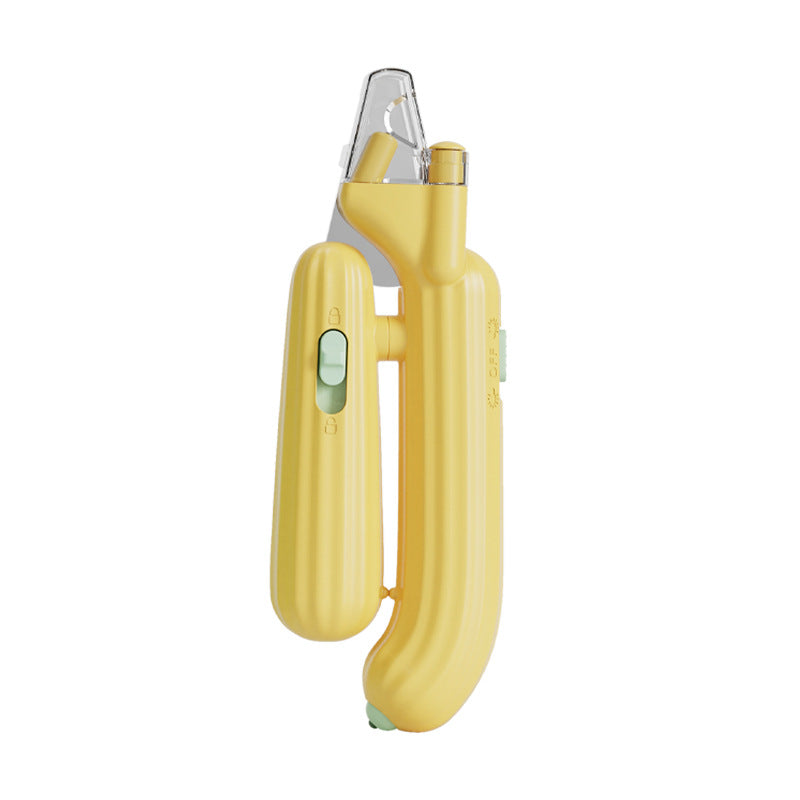 Cactus-Shaped Multi-Function Pet Nail Clipper in yellow color with integrated light features for pet grooming.