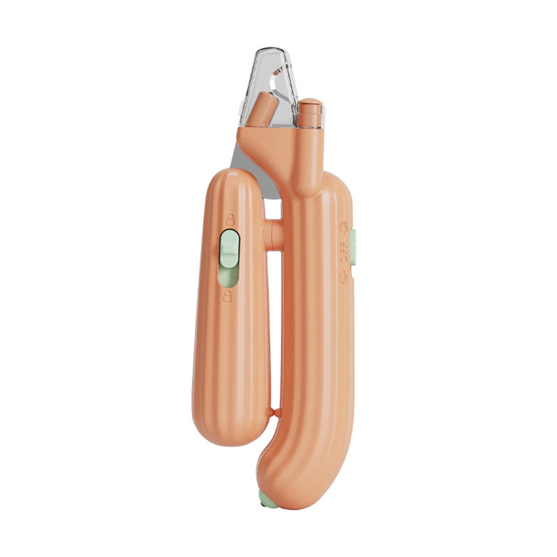Cactus-Shaped Multi-Function Pet Nail Clipper in orange color with light features for pet grooming.