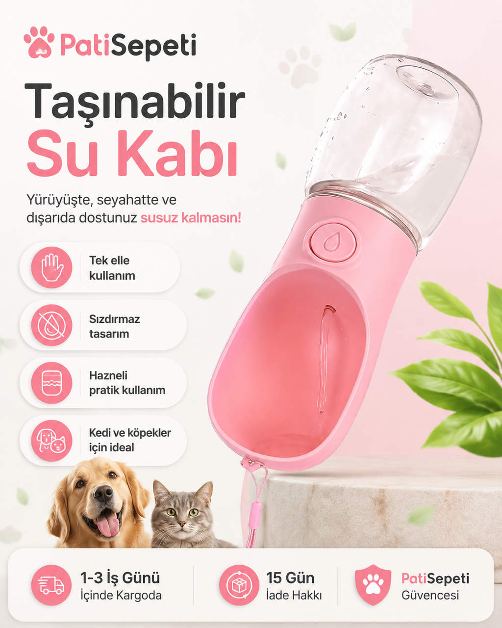 Taşınabilir Kedi Köpek Su Şişesi 300 ml Tek Tuşlu Sızdırmaz Pratik Suluk Seyahat Su Kabı