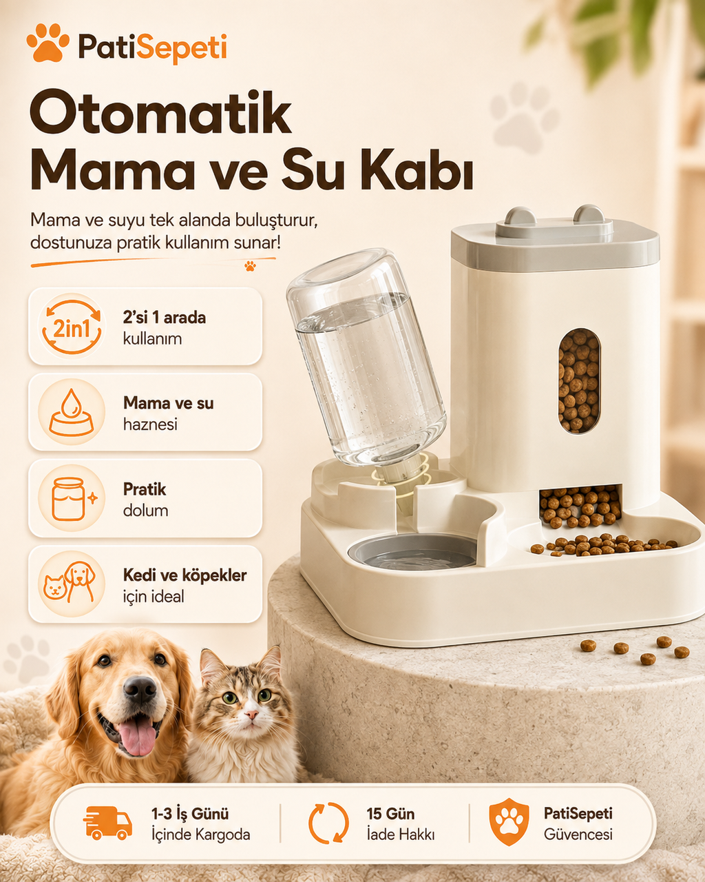Kedi & Köpek Mama ve Su Kabı Çift Hazneli Kaymaz Su Yem Dağıtıcı Evcil Hayvanlar İçin Besleme Seti