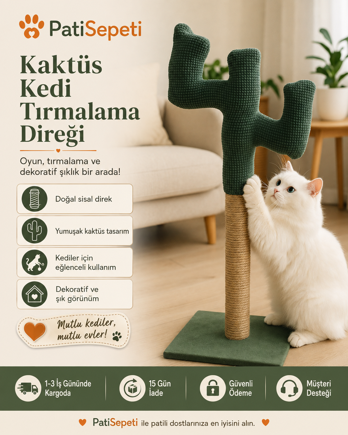Yeşil Kedi Tırmalama Tahtası Kaktüs Model, Çubuk Tasarım