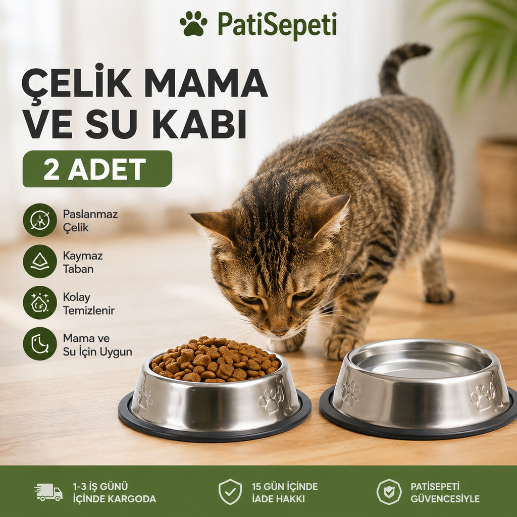 2 Adet Paslanmaz Çelik Mama Ve Su Kabı, Alt Taban 16 Cm Kedi Mama Kabı Köpek Mama Kabı (250 ML-8 OZ)