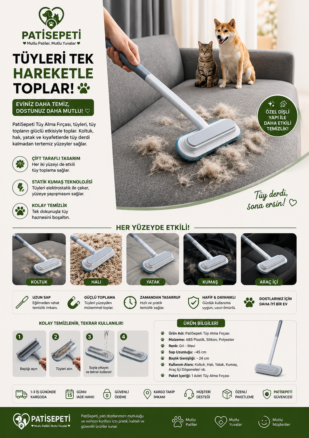 Evcil Hayvan Kedi Köpek Koltuk Halı Tüy Alma Fırçası