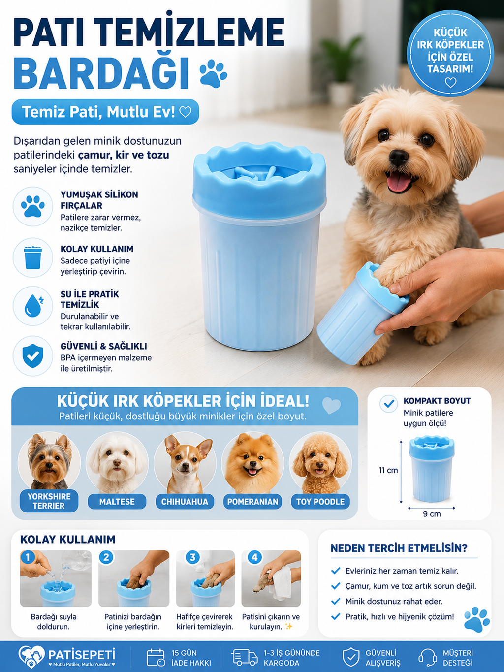 Küçük Irk Köpek & Kedi Pati Ayak Yıkama Kovası 9*11 cm Silikon Jel Fırçalı Pati Temizleme Bardak
