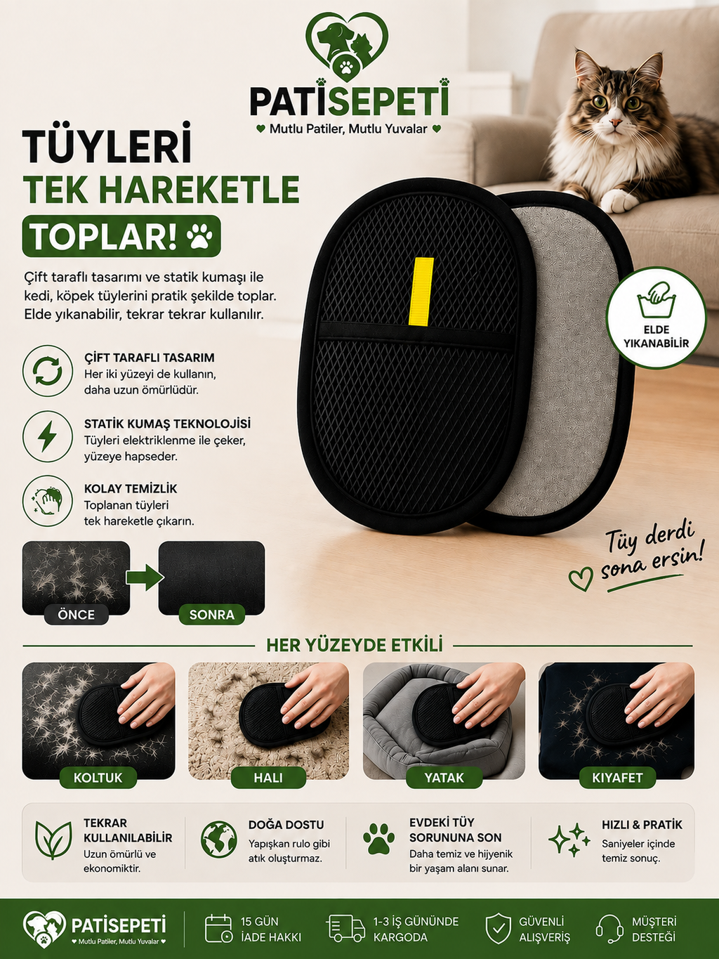 Yeni Nesil Tüy Toplama Eldiveni Koltuk,Kıyafet,Halı Tüm Yüzeylerde Aktif Tüy Toplayıcı