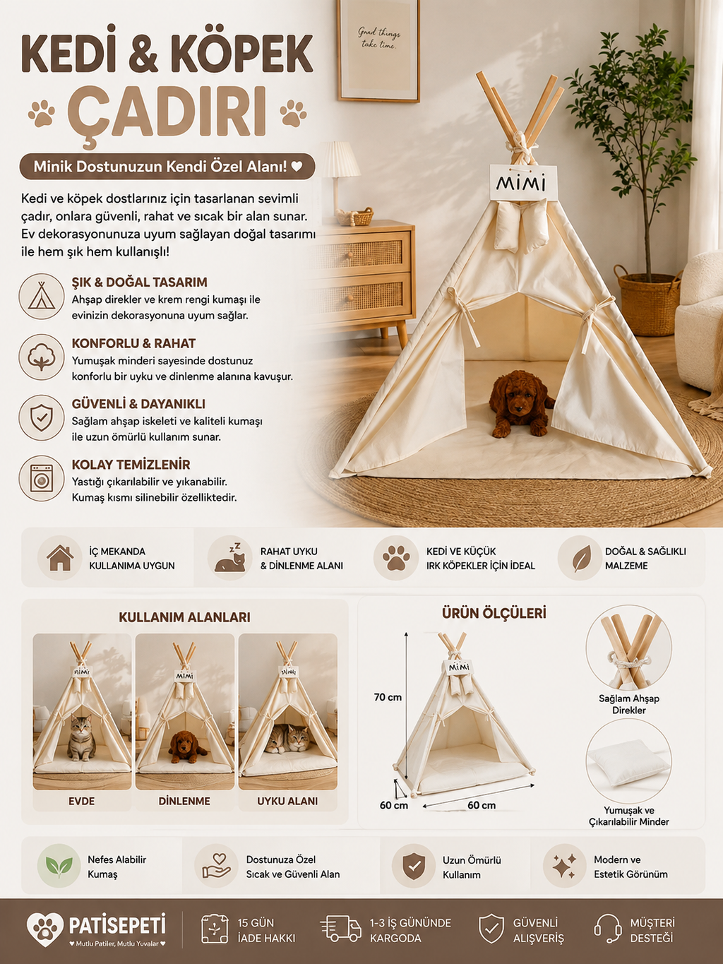 PET YATAĞI KEDİ KÖPEK YATAĞI İSİMLİKLİ ÇADIR ELYAF YATAK 75X75 CM PET MİNDER