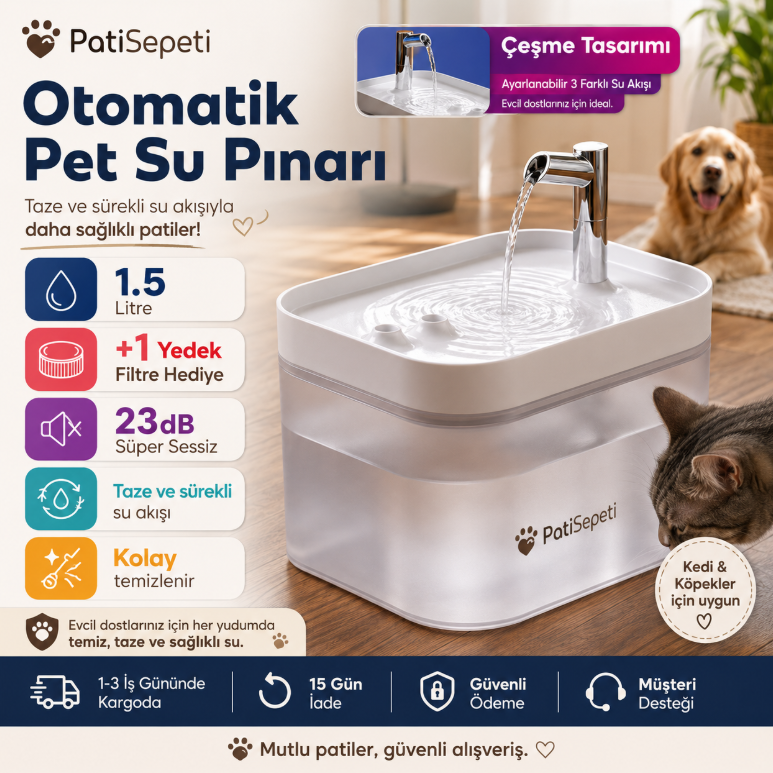 inPets H13™ 1.5L Ultra Sessiz Evcil Hayvan Kedi Köpek Su Pınarı Çeşmesi | Su Sebili Şelalesi | 3 Akış Hızı Kontrolü