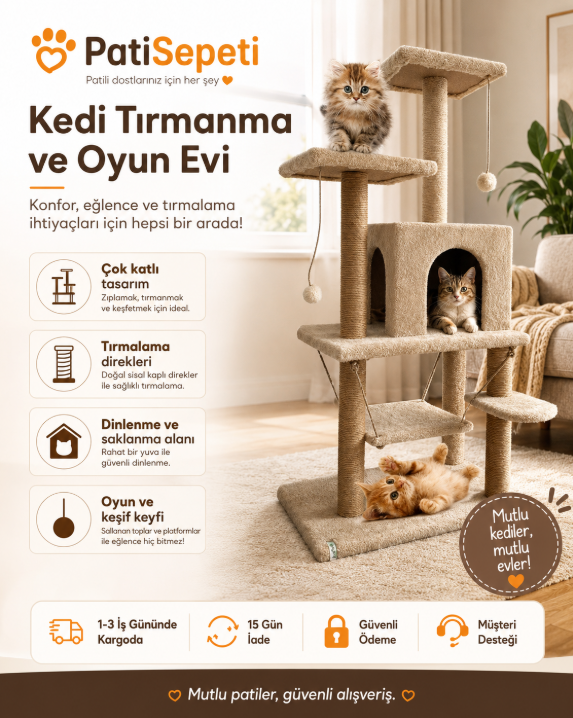 Salıncaklı Lüx Kedi Tırmalama Kedi Oyun Evi-Bej