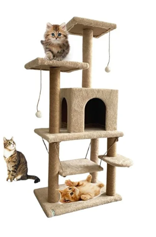 Salıncaklı Lüx Kedi Tırmalama Kedi Oyun Evi-Bej