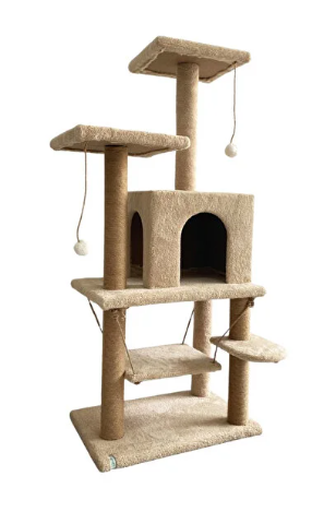Salıncaklı Lüx Kedi Tırmalama Kedi Oyun Evi-Bej