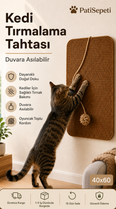 Duvara Yapışan Oyuncaklı Kedi Tırmalama Halısı ve Oyun Alanı 40x60 cm
