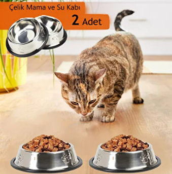 2 Adet Paslanmaz Çelik Mama Ve Su Kabı, Alt Taban 16 Cm Kedi Mama Kabı Köpek Mama Kabı (250 ML-8 OZ)