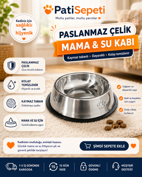 Devrilmez Kaydırmaz Taban Paslanmaz Çelik Kedi Köpek Mama ve Su Kabı 18 cm 300 ml 1 ADET