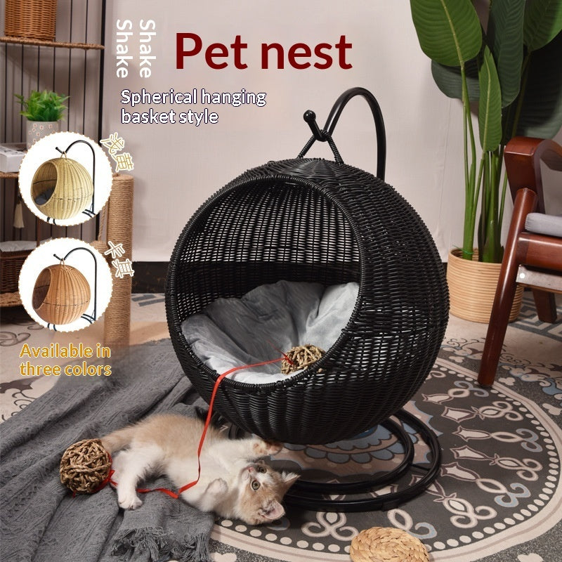 Removable & Washable Hanging Basket Hammock Style Pet Bed in spherical design with a kitten inside, available in three colors.