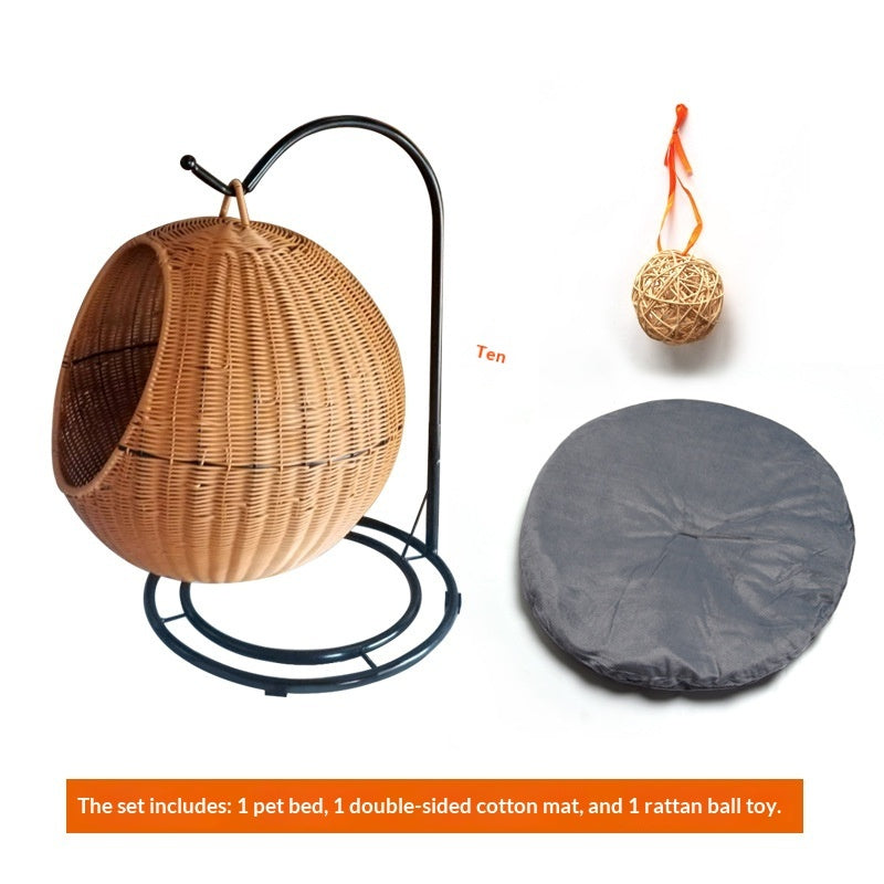 Removable & Washable Hanging Basket Hammock Style Pet Bed with cotton mat and rattan ball toy.