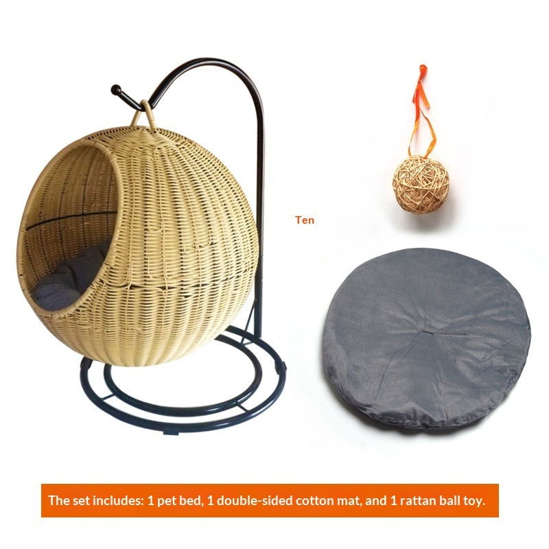 Removable & Washable Hanging Basket Hammock Style Pet Bed with double-sided cotton mat and rattan ball toy included.
