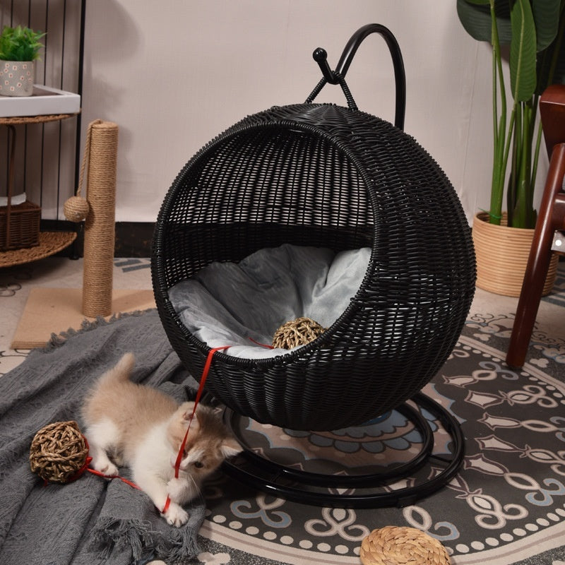 Removable & Washable Hanging Basket Hammock Style Pet Bed with kitten playing and comfortable cushion inside.