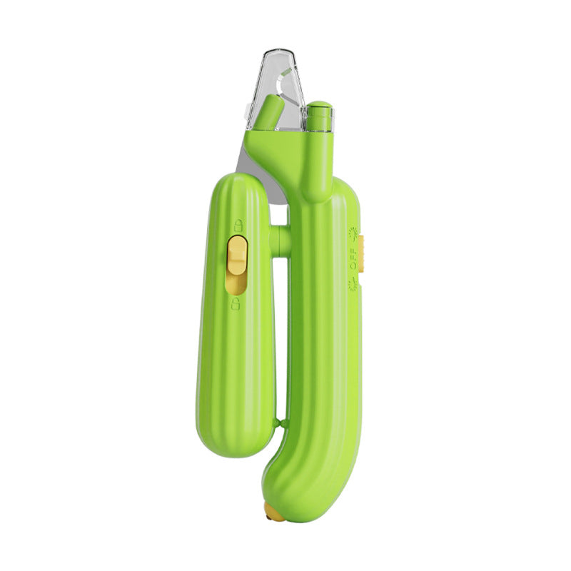 Cactus-Shaped Multi-Function Pet Nail Clipper in vibrant green color with white light features.